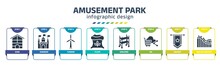 Amusement Park Infographic Design Template With Shed, Kingdom, Turbine, Flour, Shelving, On, Ancient, Roller Coaster Icons. Can Be Used For Web, Banner, Info Graph.