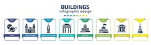 Buildings Infographic Design Template With Space, Charles Bridge, World Trade Center, Brandenburg Gate, Moot Hall, Goverment Building, Reserve Bank, Buddist Cemetery Icons. Can Be Used For Web,