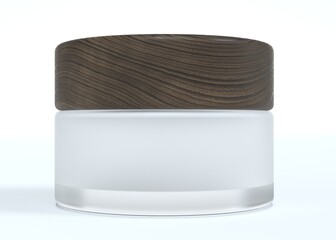 Wall Mural - frosted glass cosmetic cream jar with wooden lid, beauty and care product packaging 3d render mockup