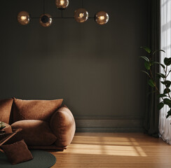 Modern dark home interior background, wall mock up, 3d render