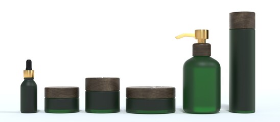 Wall Mural - set of six different green glass cosmetic cream jars and bottles with wooden lids, beauty and care p