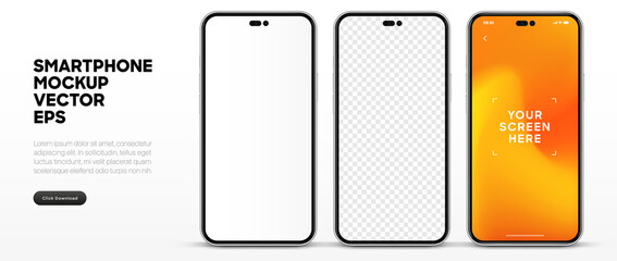Aufkleber - Realistic smartphone mockup isolated with transparent screens. Smart phone mockup collection. Device front view. 3D mobile phone with shadow on white background. Realistic, flat and line style