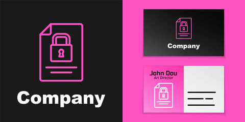 Poster - Pink line Document and lock icon isolated on black background. File format and padlock. Security, safety, protection concept. Logo design template element. Vector