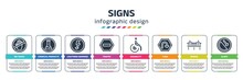 Signs Infographic Design Template With No Touch, Chemical Products, Lightning Warning, Traffic, Disability, Turn, Bridge, Slope Icons. Can Be Used For Web, Banner, Info Graph.
