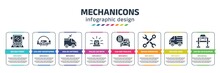 Mechanicons Infographic Design Template With Big Bus Front, Car And Headphones, Van An Antenna, Police Car With Light, Car And Padlock, Repair Wrenches, Van Side View, On An Elevator Icons. Can Be