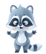 Cute cartoon fluffy baby raccoon stand on a white background