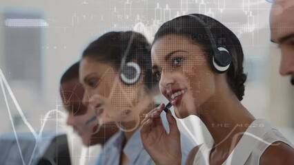 Poster - Animation of financial data processing over diverse people using phone headsets