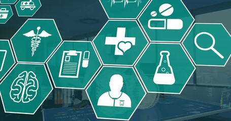 Poster - Animation of scientific icons in hexagons over african american man in vr headset