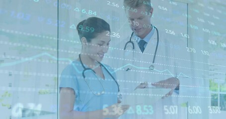 Poster - Animation of financial data over happy caucasian female and male doctors talking