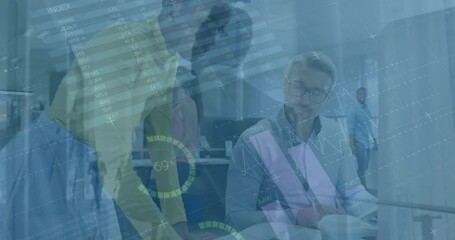 Poster - Animation of financial data and graphs over diverse coworkers in office