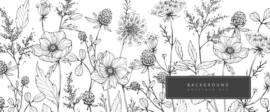 Luxury botanical background with trendy wildflowers and minimalist flowers for wall decoration or wedding. Hand drawn line herb, elegant leaves for invitation save the date card