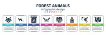 Forest Animals Infographic Design Template With Turkish Van, Weasel, Treats, Jerboa, Siberian Tiger, Drops, Stork, Groundhog Icons. Can Be Used For Web, Banner, Info Graph.