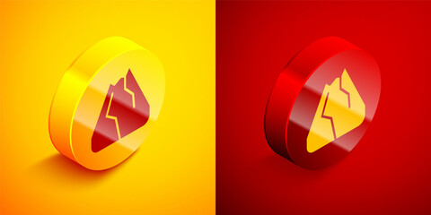 Sticker - Isometric Mountains icon isolated on orange and red background. Symbol of victory or success concept. Circle button. Vector