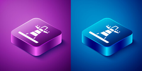 Poster - Isometric Electric tower used to support an overhead power line icon isolated on blue and purple background. High voltage power pole line. Square button. Vector