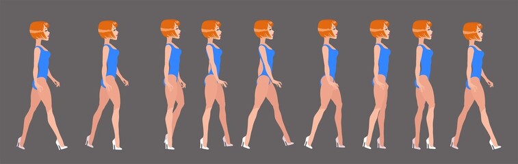 The full cycle of a beautiful woman's gait. Attractive girl in a swimsuit.