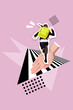 © deagreez - Vertical collage image of big arm help hold little running girl painted pedestrian crossing isolated on drawing background