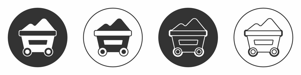 Wall Mural - Black Coal mine trolley icon isolated on white background. Factory coal mine trolley. Circle button. Vector