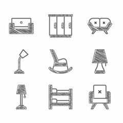 Sticker - Set Rocking chair, Bunk bed, Armchair, Table lamp, Floor, Sofa and icon. Vector