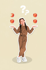 Wall Mural - Vertical collage image of cheerful girl arms palms hold show apple question mark isolated on painted background