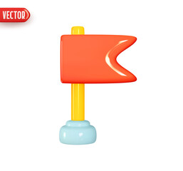 Fototapete - Flag on stick. Flagpole with red flag. Realistic 3d design element In plastic cartoon style. Icon isolated on white background. Vector illustration