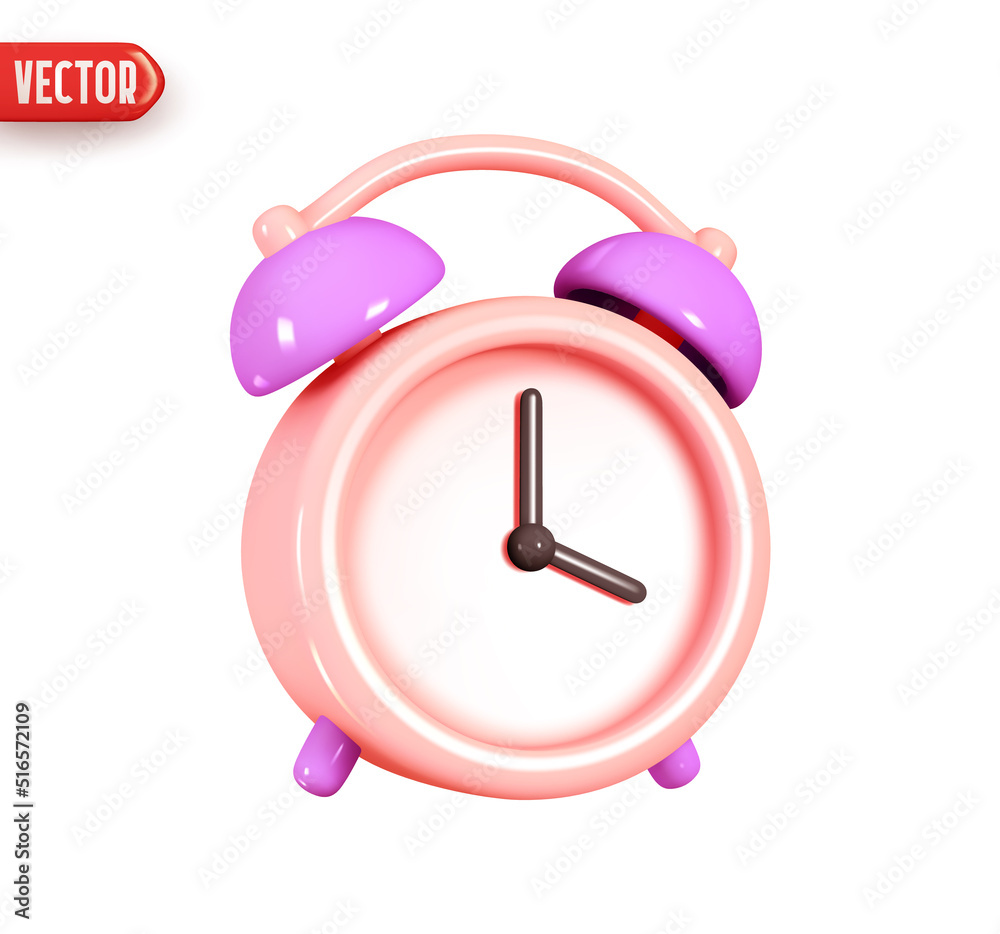 Pink Clock. Alarm clock. Time to the watch. Realistic 3d design element In  plastic cartoon style. Icon isolated on white background. Vector  illustration Stock Vector | Adobe Stock, image size:1000x934