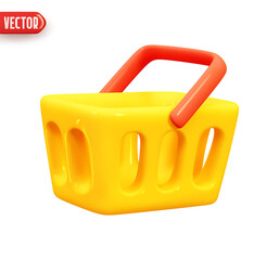 Poster - Food basket. Yellow shopping cart. Realistic 3d design element In plastic cartoon style. Icon isolated on white background. Vector illustration