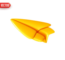 Poster - Paper plane. Airplane flight yellow color. Realistic 3d design element In plastic cartoon style. Icon isolated on white background. Vector illustration