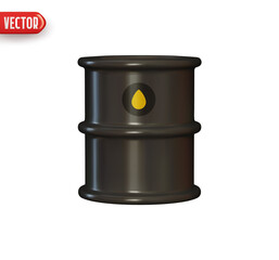 Barrel of oil. Container with fuel. Black Barrel of gasoline. Realistic 3d design element In plastic cartoon style. Icon isolated on white background. Vector illustration