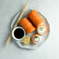 Wall Mural - Traditional Philadelphia sushi rolls with salmon