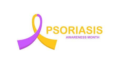 Wall Mural - Psoriasis awareness month concept horizontal banner design template with yellow and violet ribbon and text isolated on white background. August is Psoriasis awareness month vector flyer or poster
