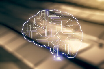 Poster - Double exposure of creative artificial Intelligence interface on blurry metal background. Neural networks and machine learning concept