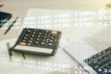 Aufkleber - Double exposure of abstract creative statistics data hologram on calculator and pc background, analytics and forecasting concept
