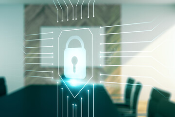 Poster - Double exposure of virtual creative lock hologram with chip on a modern meeting room background. Information security concept