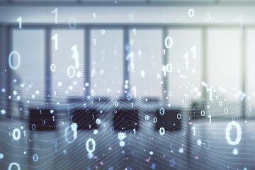 Aufkleber - Abstract virtual binary code illustration on a modern conference room background. Big data and coding concept. Multiexposure