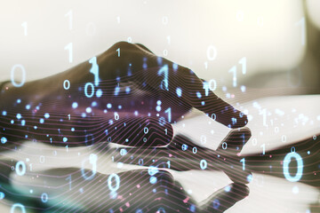 Aufkleber - Creative abstract binary code hologram and finger presses on a digital tablet on background, AI and machine learning concept. Multiexposure