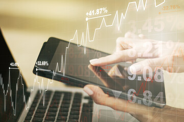 Poster - Double exposure of abstract creative financial diagram with finger clicks on a digital tablet on background, banking and accounting concept