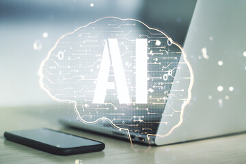 Aufkleber - Creative artificial Intelligence concept with human brain hologram on modern laptop background. Multiexposure
