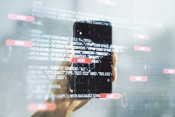 Poster - Multi exposure of abstract graphic coding sketch and hand with mobile phone on background, big data and networking concept