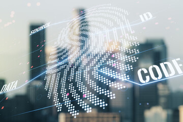 Aufkleber - Abstract virtual fingerprint hologram on blurry skyline background. Multiexposure