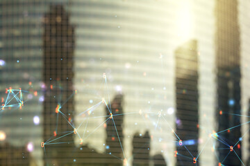 Poster - Abstract virtual wireless technology hologram on office buildings background. Big data and database concept. Multiexposure