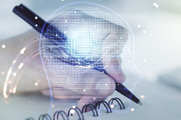 Aufkleber - Double exposure of creative artificial Intelligence symbol with man hand writing in notebook on background. Neural networks and machine learning concept