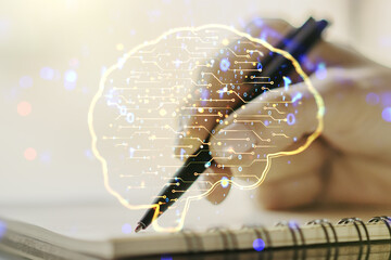 Poster - Double exposure of creative human brain microcircuit with woman hand writing in notepad on background. Future technology and AI concept