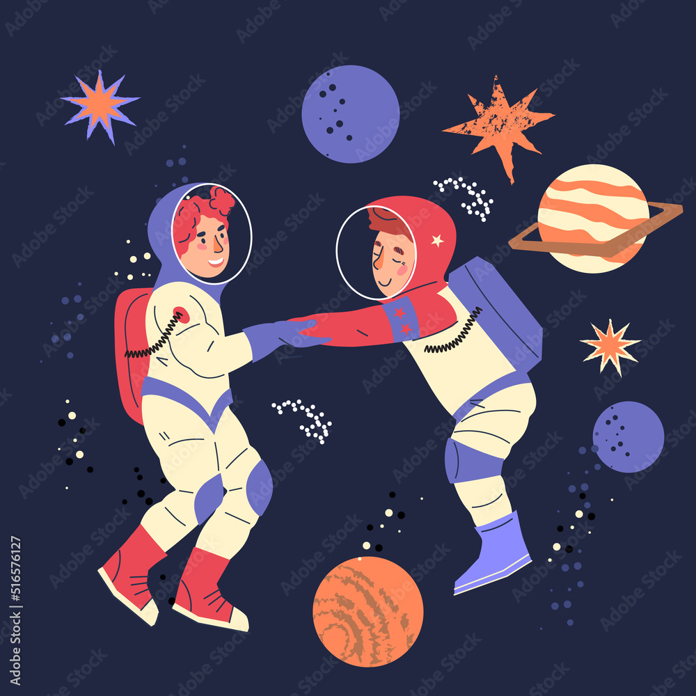 Kids astronauts, little children boy and girl space explorers or ...