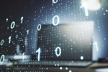 Aufkleber - Double exposure of creative abstract binary code hologram on laptop background. Database and programming concept