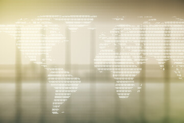 Poster - double exposure of abstract digital world map on empty modern office background, research and strate
