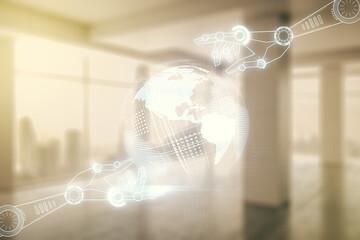 Aufkleber - Abstract virtual robotics technology sketch with globe on abstract empty interior background, future technology and AI concept. Double exposure