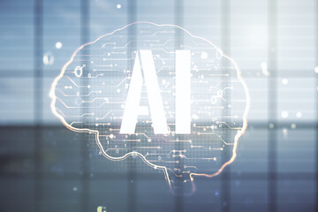 Aufkleber - virtual creative artificial intelligence hologram with human brain sketch on modern interior backgro