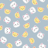 Fototapeta Pokój dzieciecy - Kawaii kittens seamless pattern. Cute cats on a gray background. Vector illustration.