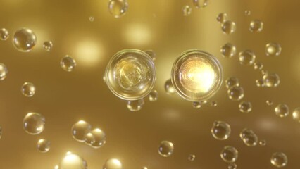 Aufkleber - A macro shot of many gold bubbles rising in water on a gold background. Super slow motion beautiful shiny blobs or drops of moisturizing bubble 3D animation find a special extract.