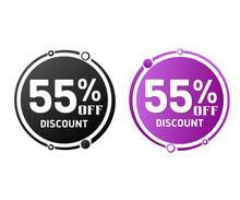 55% Off, Circle Discount Tag Icon Collection. Set Of Black And Purple Sale Labels. Vector Illustration, Fifty-five 